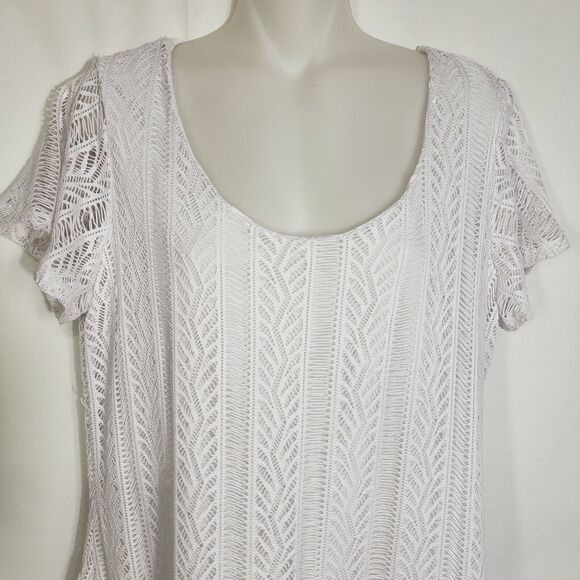 Notations Women’s Top Medium White Lace Overlay Short Sleeve Lined Asymmetrical - Picture 3 of 10
